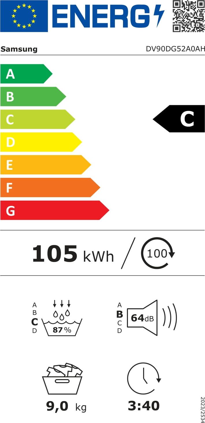 Sèche-linge pompe à chaleur SAMSUNG 9kg Moteur induction Optimal Dry Blanc - DV90DG52A0AH