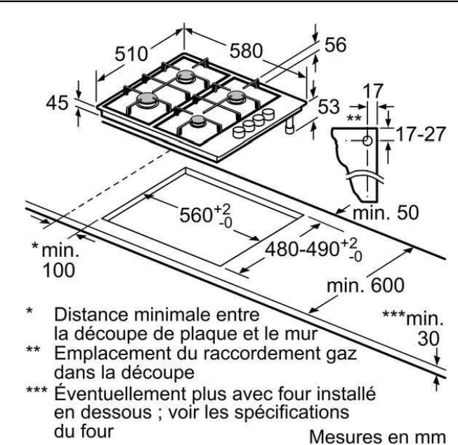 BOSCH Plaque gaz Série 2 4 Foyers 60cm Inox - PBP6B5B80