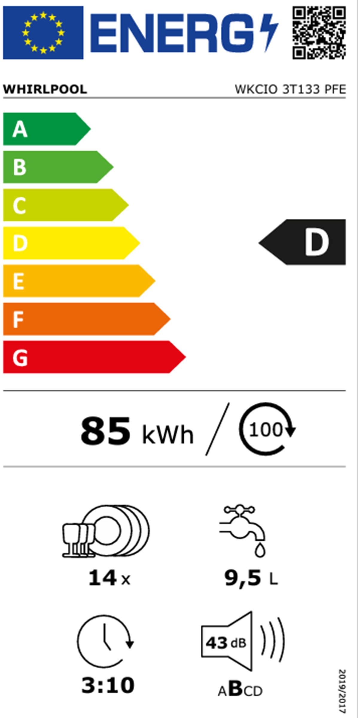 Lave vaisselle encastrable 60 cm WHIRLPOOL 14 couverts 43dB Gris - WIO3T133PFE