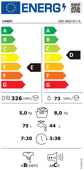 CANDY Lave linge sechant encastrable Lavage 8kg, séchage 5 kg, 1400 tr/mn Blanc - CBD485D1E/1-S