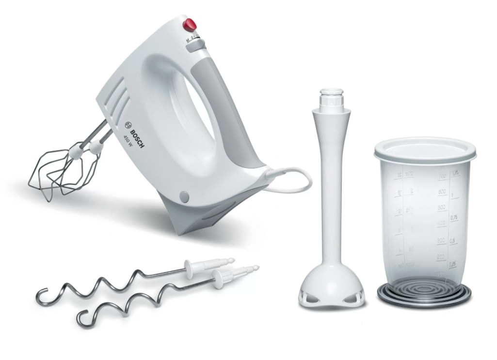 Batteur BOSCH Pied mixeur 2 Fouets 2 Pétrins 450W Blanc MFQ3540