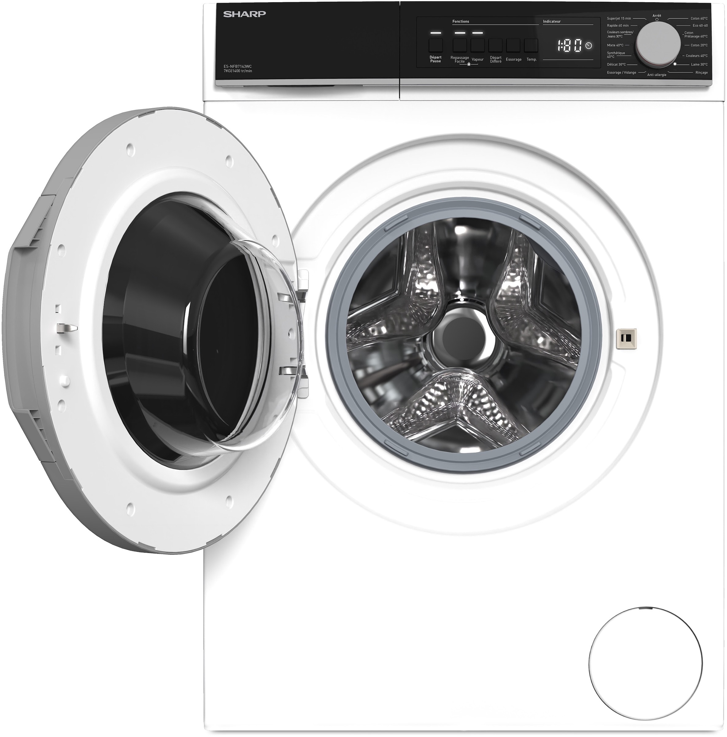 Lave linge Frontal SHARP , 1400trs/mn, 7kg, Blanc - ES-NFB7143WC