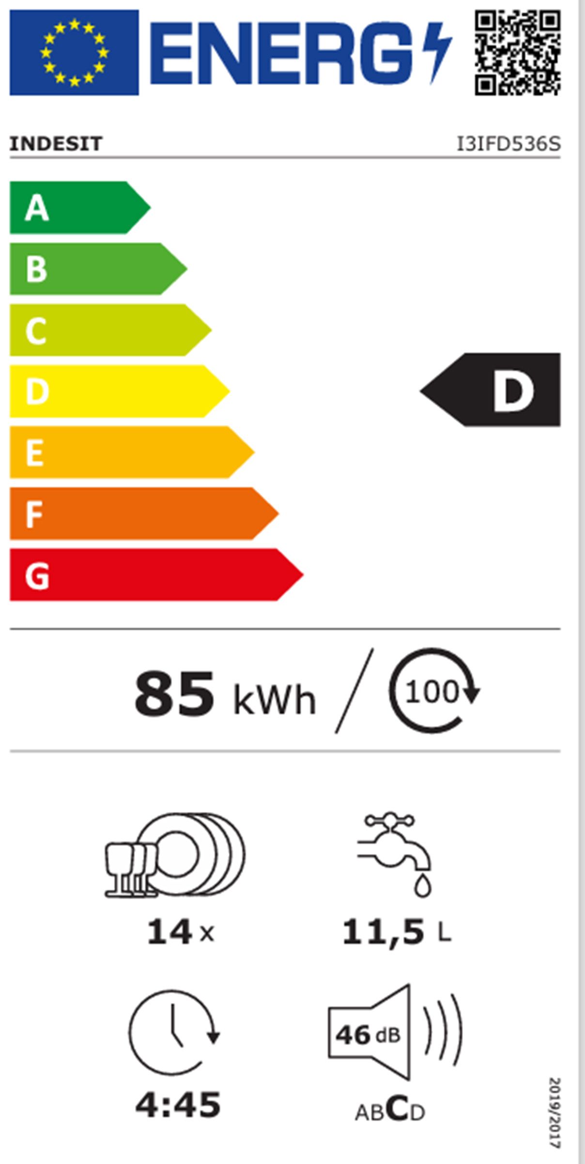 Lave vaisselle tout integrable 60 cm INDESIT Moteur Inverter 14 couverts 46dB Blanc - I3IFD536