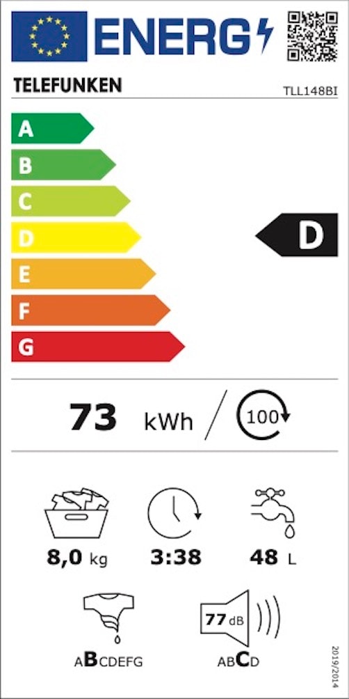 Lave linge encastrable TELEFUNKEN 15 programmes 1400 trs/min 77dB 8kg - TLL148BI