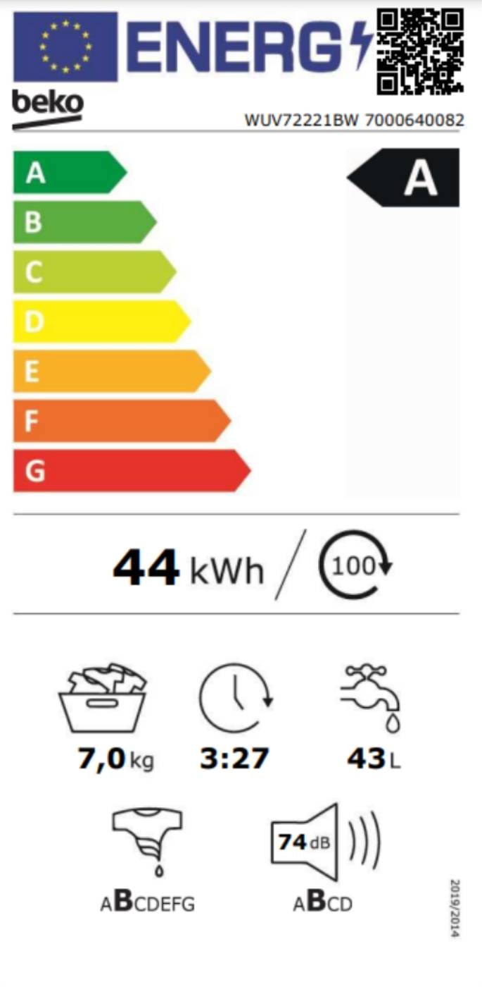 Lave linge Frontal BEKO ,1200 trs/mn, 7kg, Blanc - WUV72221BW