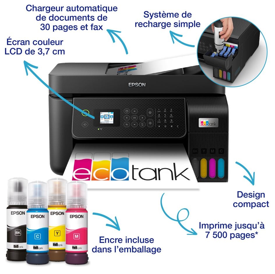 EPSON Imprimante multifonction réservoir d'encre Imprimante multifonction jet d'encre EcoTank ET4800 Noire - ECOTANK-ET4800