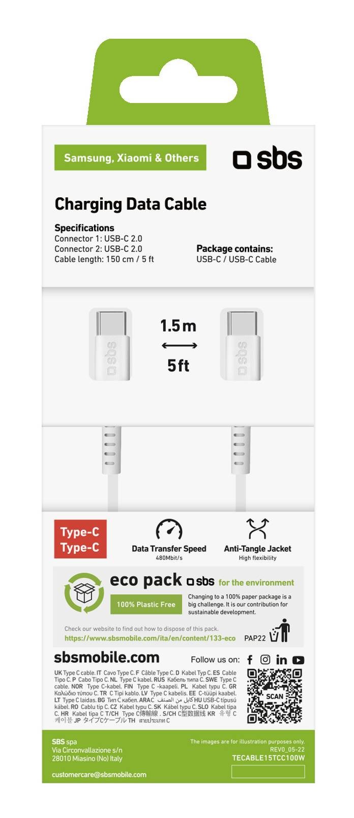 SBS Câble USB  de données et de charge 1,5 m blanc - Connecteurs USB-C pour Power Delivery 100W - CABLE-USBC-100WBLANC