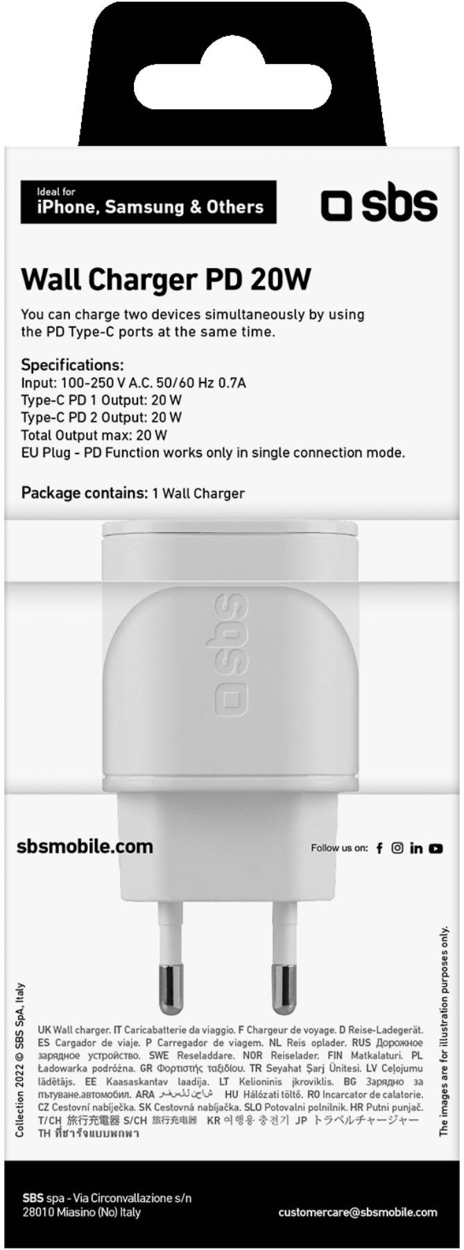 SBS Chargeur secteur Chargeur mural Power Delivery 20 W avec deux sorties USB-C - CHARGEURMURAL-2USBC