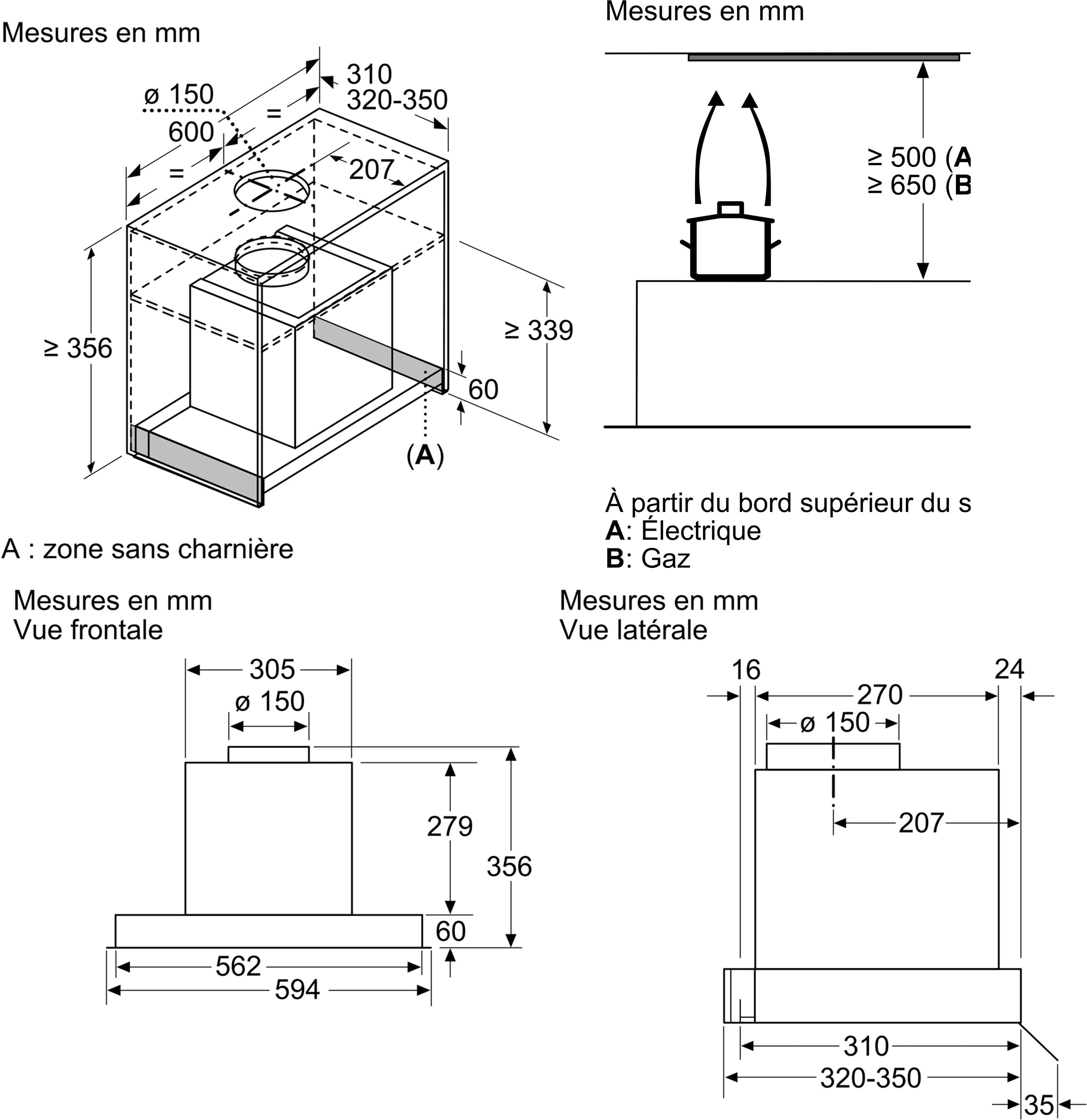 Hotte intégrée BOSCH 3 vitesses 60cm Noir - DBB66AF60