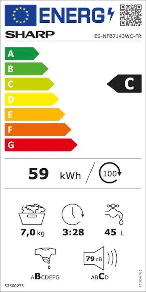 Lave linge Frontal SHARP , 1400trs/mn, 7kg, Blanc - ES-NFB7143WC