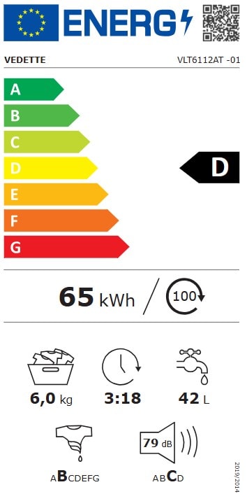 Lave linge Top VEDETTE 1200 tr/min, 6Kg, Blanc - VLT6112AT