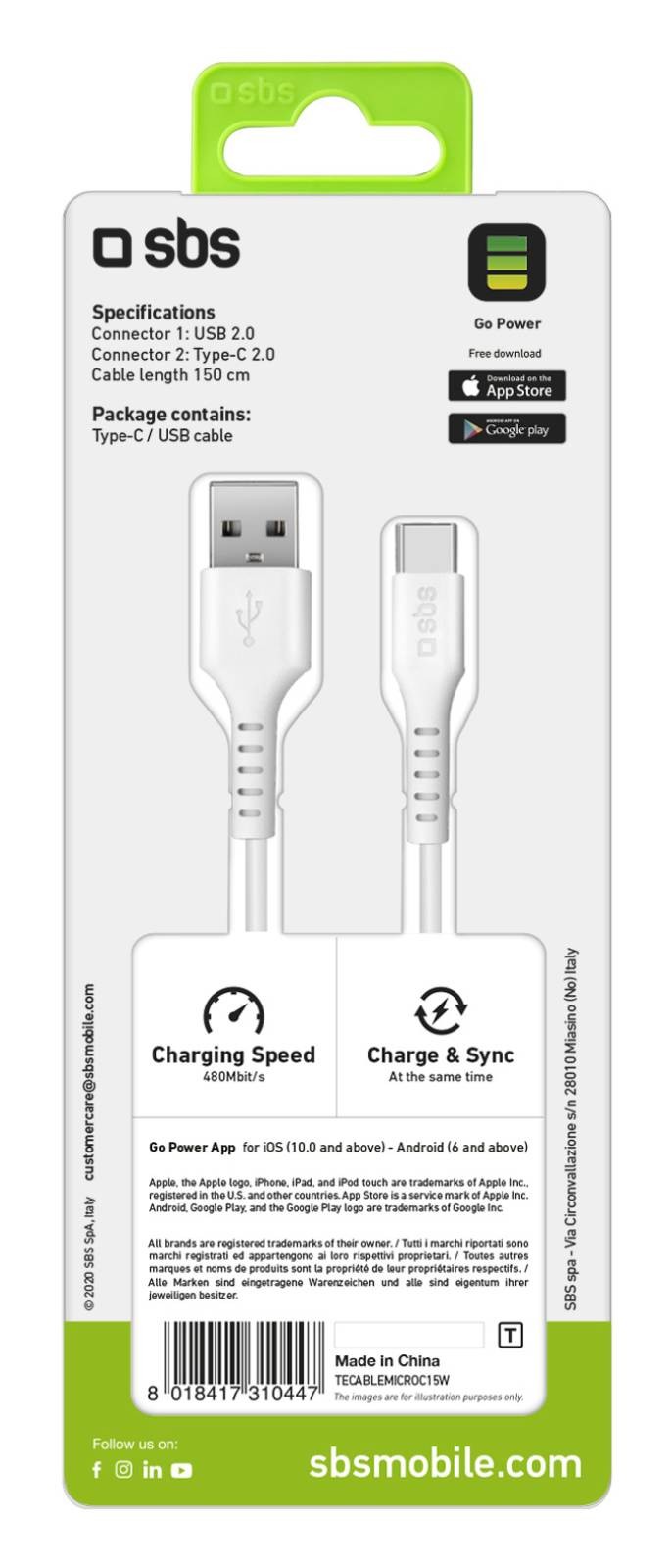 SBS Câble USB Câble de données USB 2.0 - Type-C - CABLE-TYPEC-USB-BLC