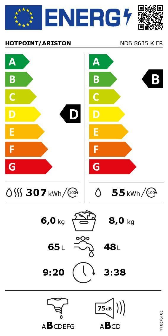 Lave linge sechant Frontal HOTPOINT ARISTON , 1400 trs/mn, 8/6 kg, Blanc - NDB8635KFR Lave linge sechant Frontal HOTPOINT ARISTON , 1400 trs/mn, 8/6 kg, Blanc - NDB8635KFR