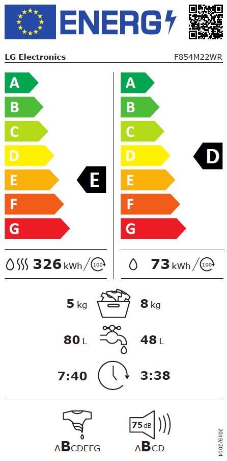 Lave linge sechant Frontal LG , 1400 trs/mn, 8/5kg, Blanc - F854M22WR