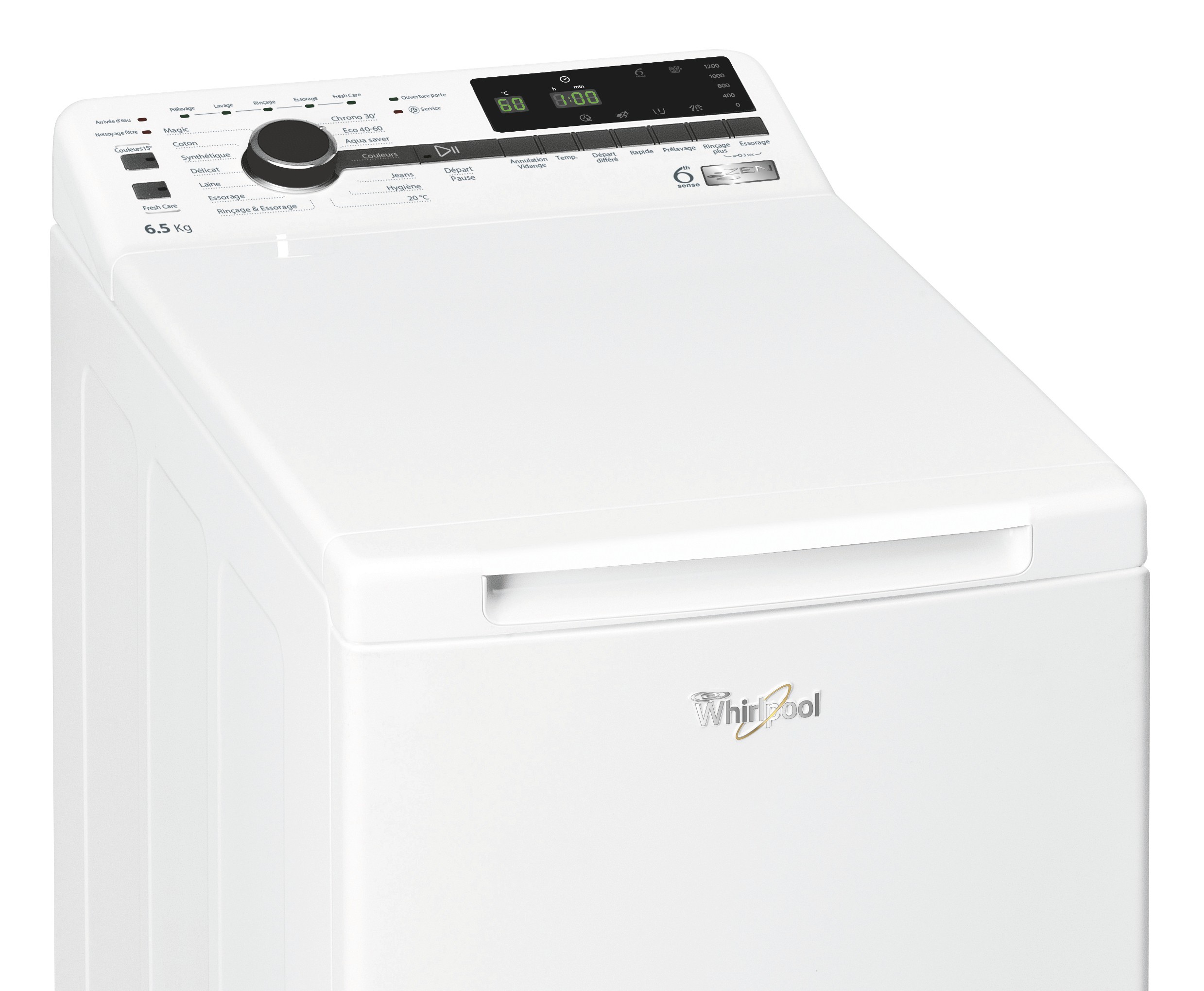 Lave linge Top WHIRLPOOL 6ème Sens Moteur Zen 1200 trs/mn 6.5kg - TDLRB65242BSFRN