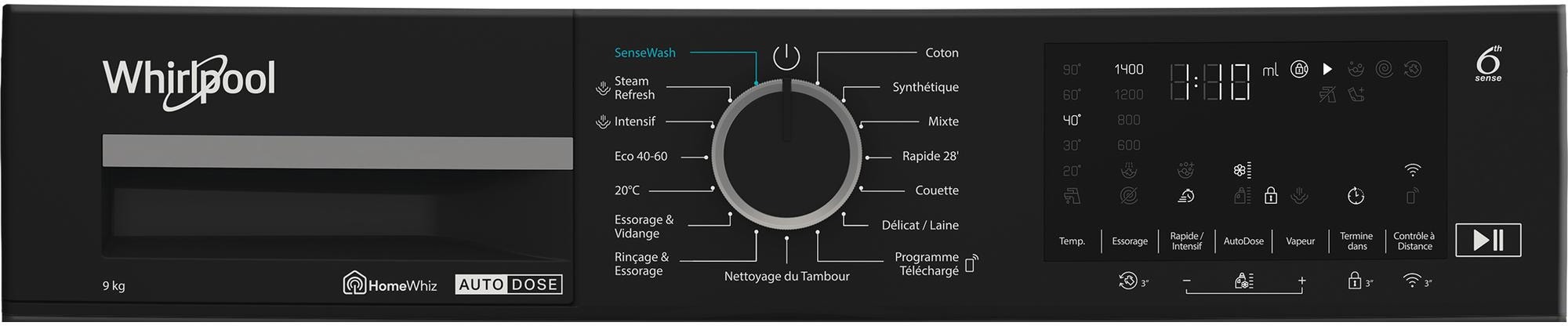 Lave linge Frontal WHIRLPOOL 1400 tr/min, 9Kg, Noir - WPM97GADSFR Lave linge Frontal WHIRLPOOL 1400 tr/min, 9Kg, Noir - WPM97GADSFR
