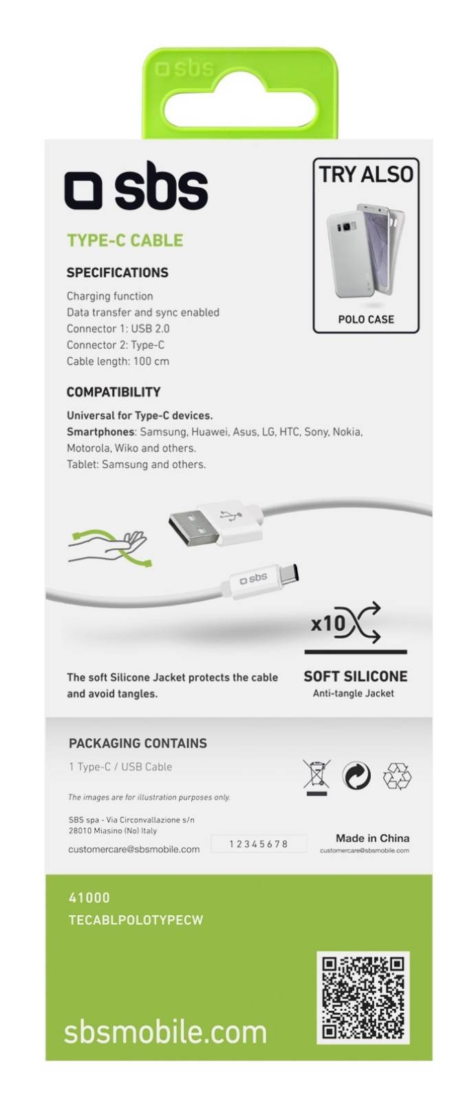 SBS Câble USB Câble de données et de chargement Type C, Collection Polo - CABL-USB-TYPEC-POLO