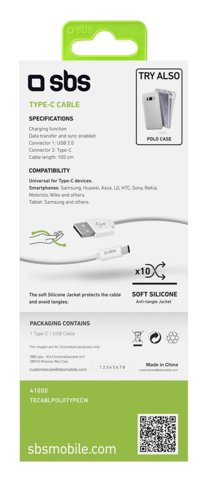 Câble USB SBS Câble de données et de chargement Type C, Collection Polo - CABL-USB-TYPEC-POLO