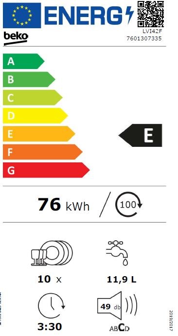 BEKO Lave vaisselle tout integrable 45 cm 5 programmes 49dB 10 couverts - LVI42F