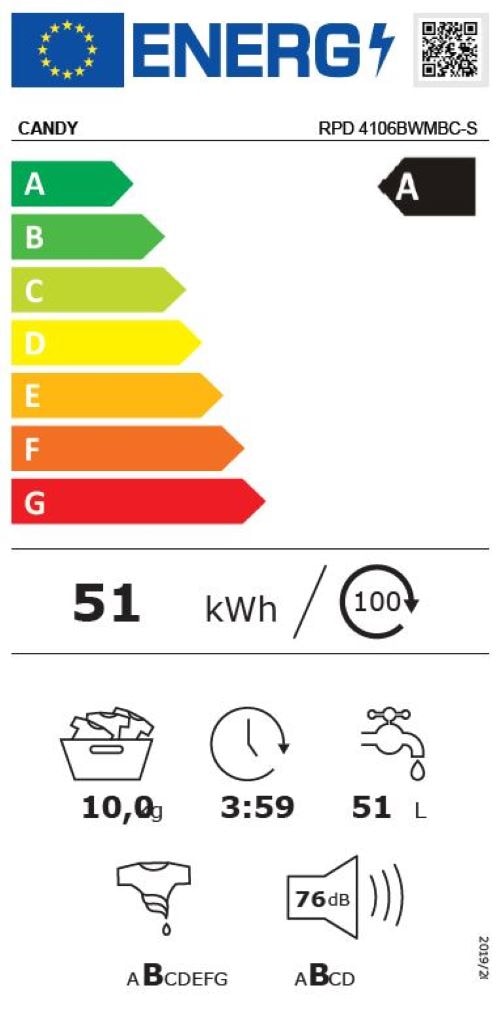 Lave linge Frontal CANDY , 1400 trs/mn, 10kg, Blanc - RPD4106BWMBC-S