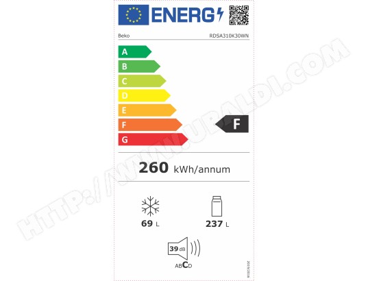Réfrigérateur congélateur haut BEKO Froid brassé MinFrost 306L Blanc - RDSA310K30WN