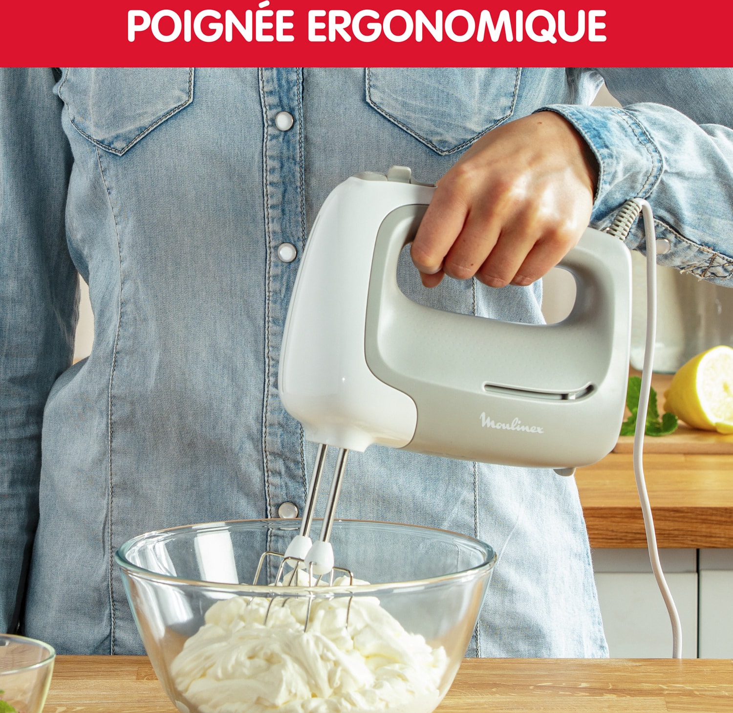 Batteur MOULINEX 2 Fouets 2 Pétrins Inox 450W Poivre - HM450B10