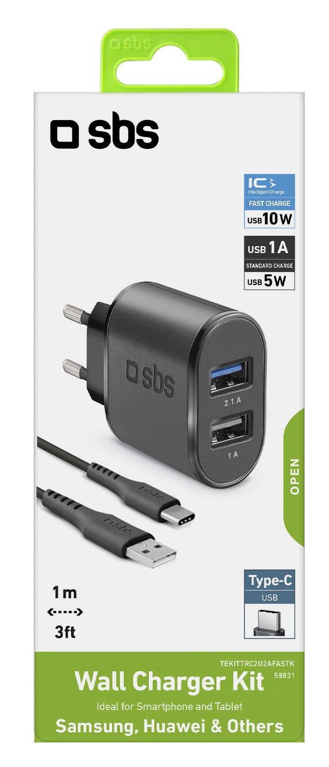 SBS Chargeur secteur Kit voyage USB de recharge avec câble de type C - CHARG+CABL-USB-TYPCC