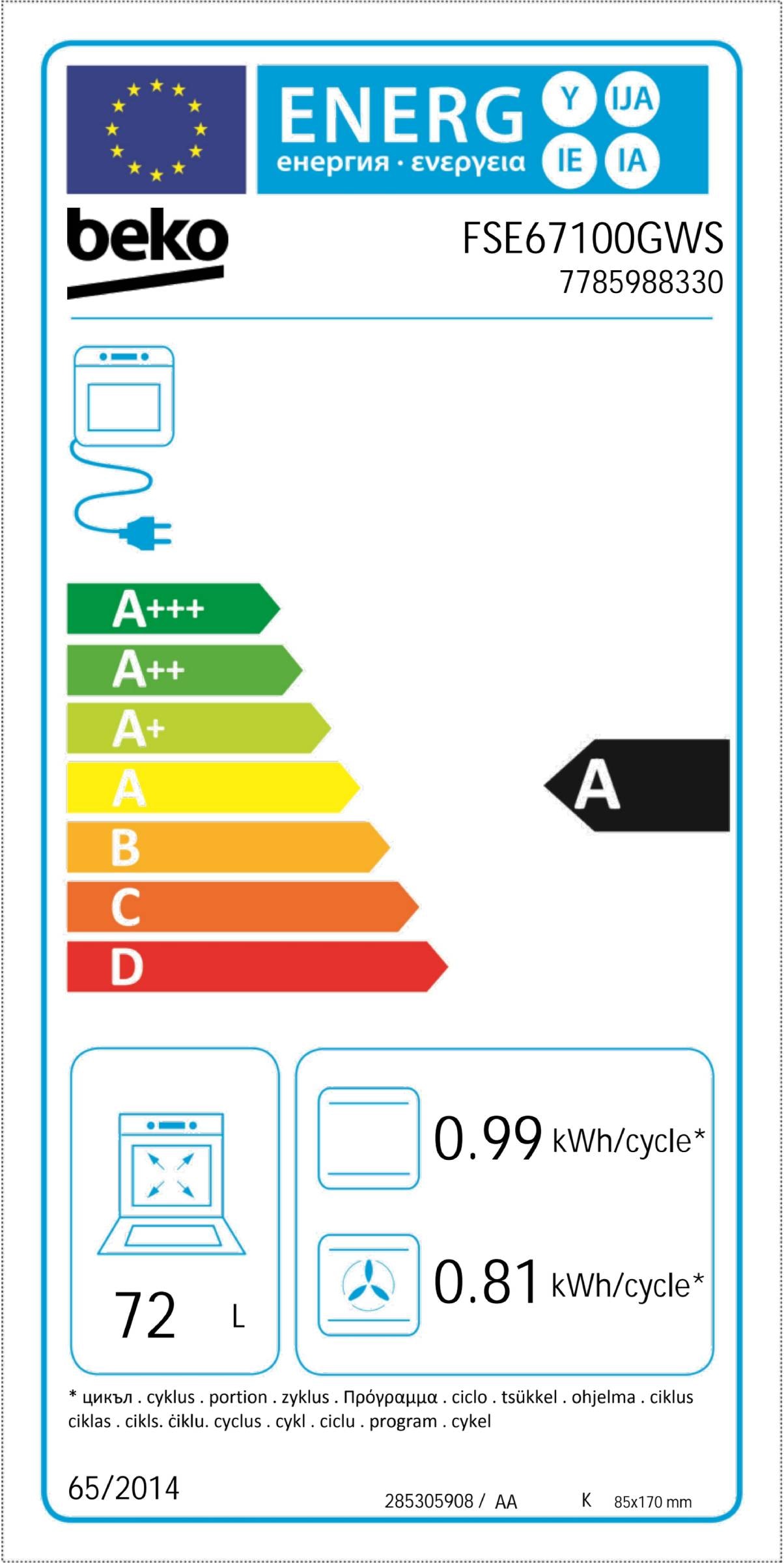 Cuisiniere vitroceramique BEKO  - FSE67100GWS