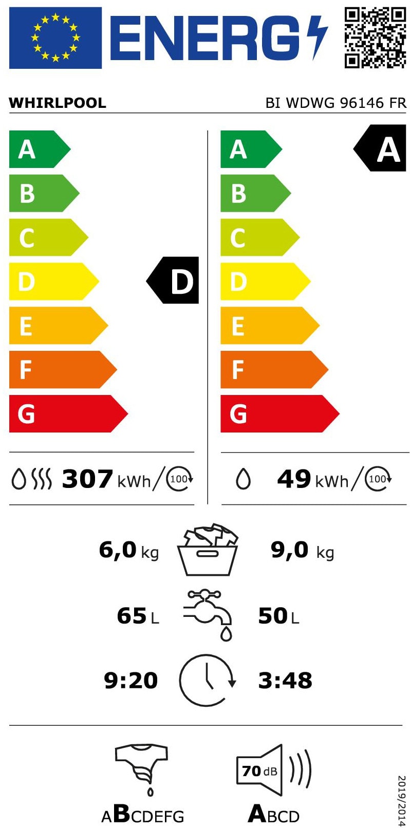 Lave linge sechant encastrable WHIRLPOOL 9kg/6kg 1400trs/min Blanc - BIWDWG96146FR