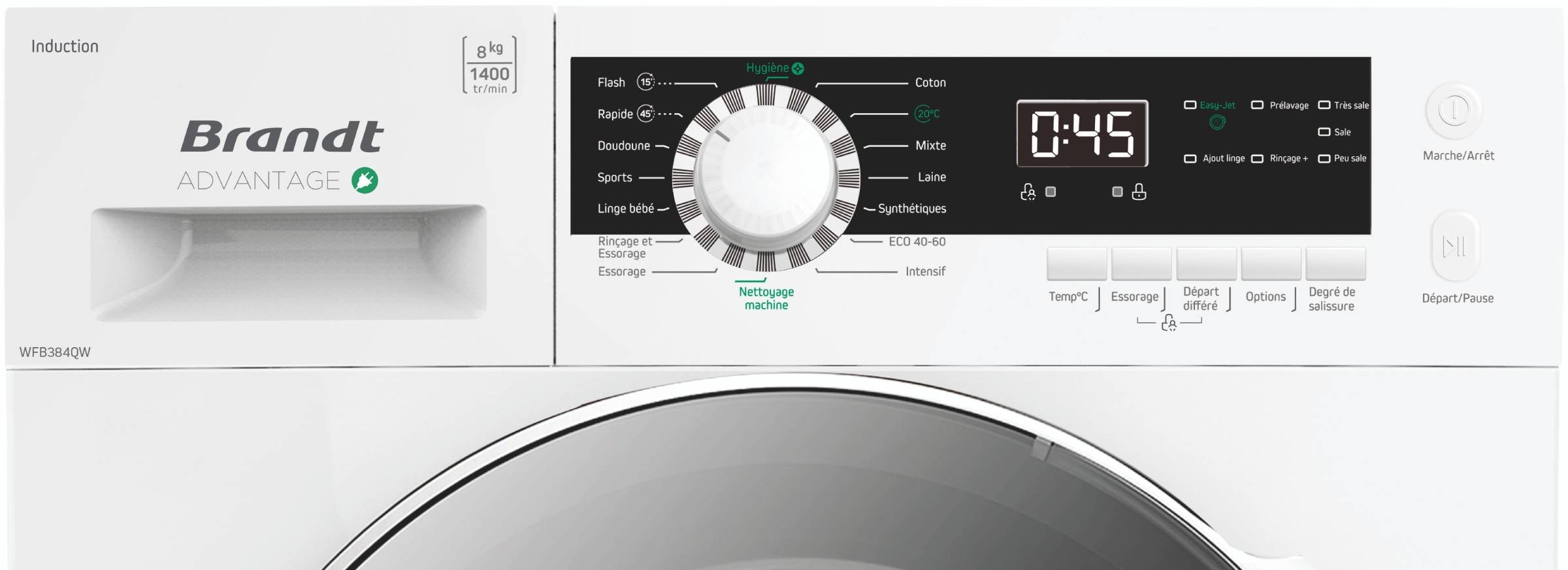 Lave linge Frontal BRANDT , 1400 trs/mn, 8kg, Blanc - WFB384QW