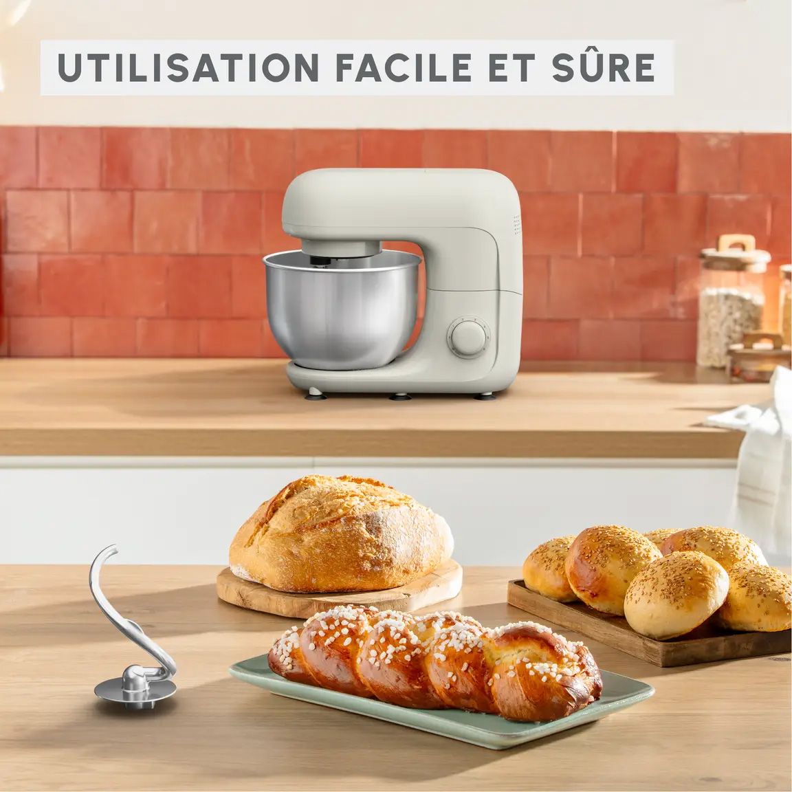 Robot pâtissier MOULINEX 4.8L 800W Ecru - QA160110