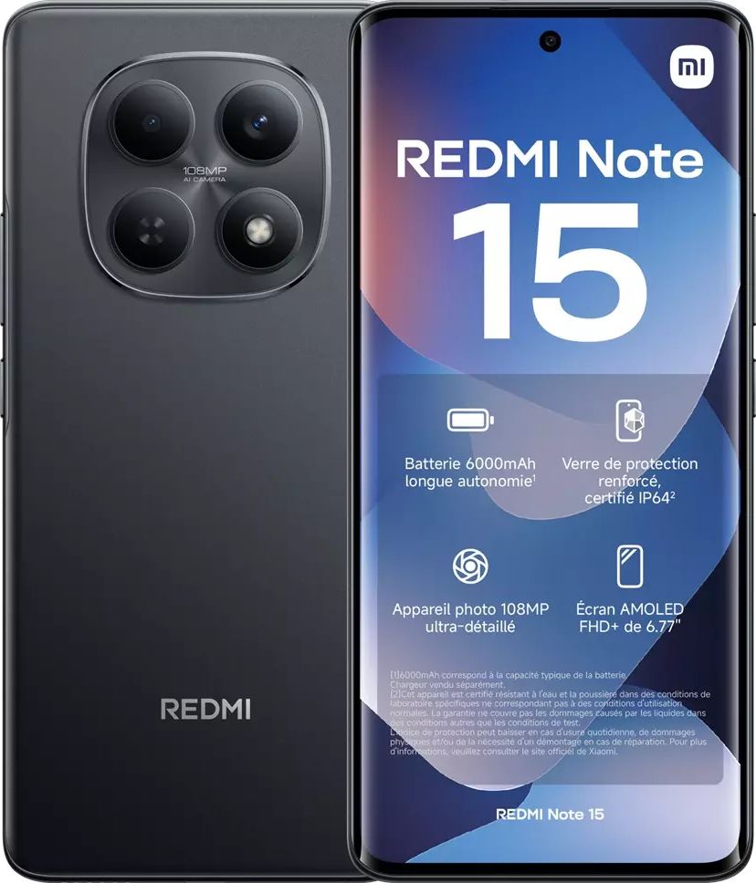 Smartphone XIAOMI Redmi Note 15 4G 256Go Noir REDMINOTE15-256NOIR
