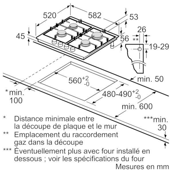 Plaque gaz BOSCH Série 2, 4 bruleurs, 7500W, 60cm, Inox - PGP6B5B90