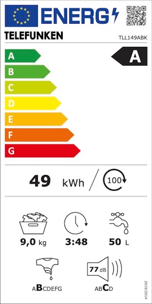 Lave linge Frontal TELEFUNKEN 1400trs/mn, 9 Kg, Noir - TLL149ABK