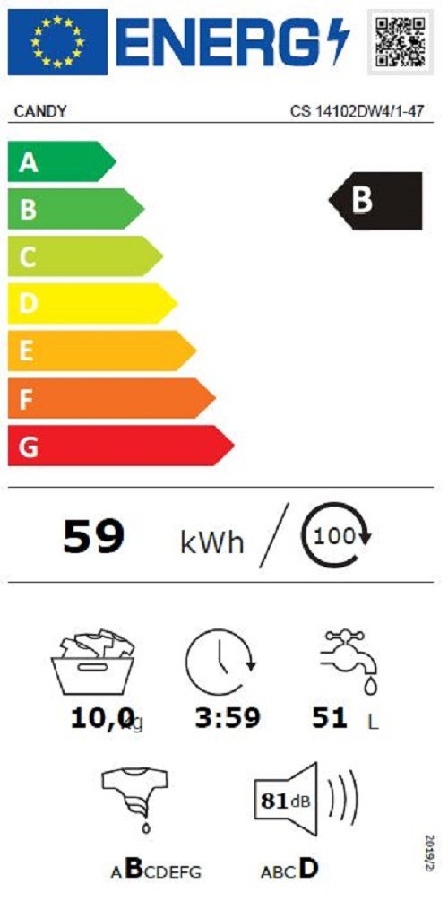 Lave linge Frontal CANDY 1400 trs/mn, 10kg, Blanc - CS4102DW4/1-47