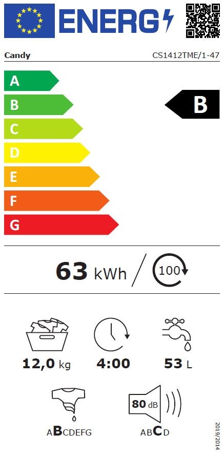 Lave linge Frontal CANDY , 1400 trs/mn, 12kg, Blanc - CS1412TME1-47