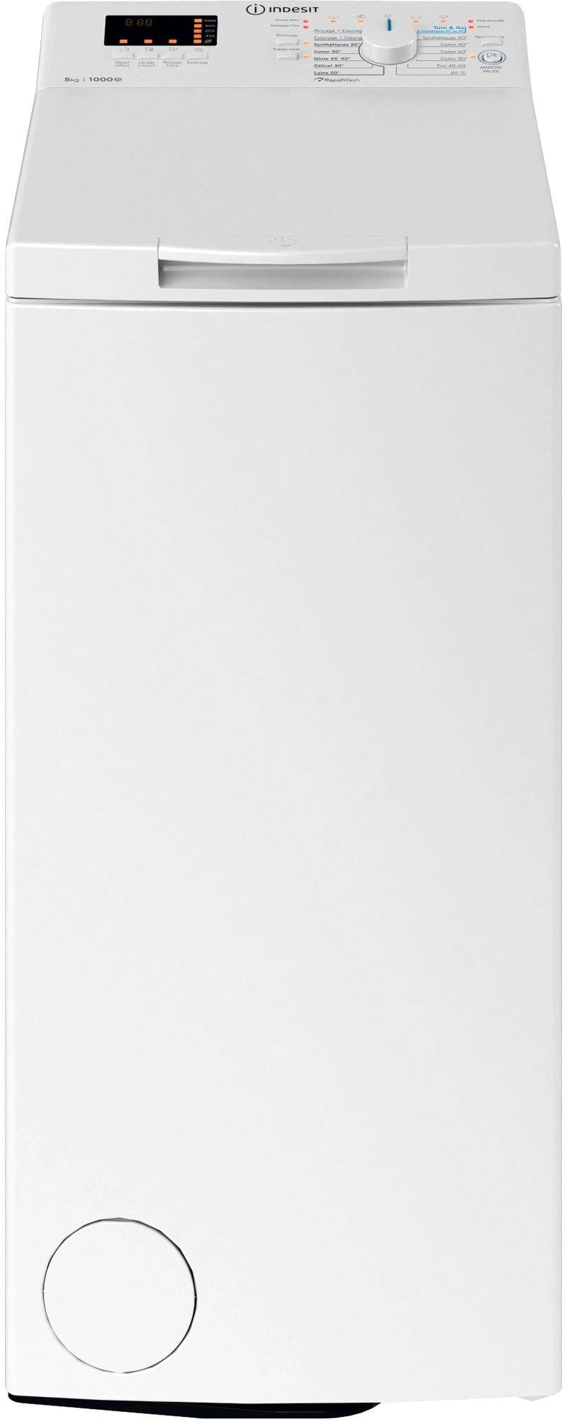 Lave linge Top INDESIT RapidWash, 1000 trs/mn, 5kg, Blanc BTWS50400FR
