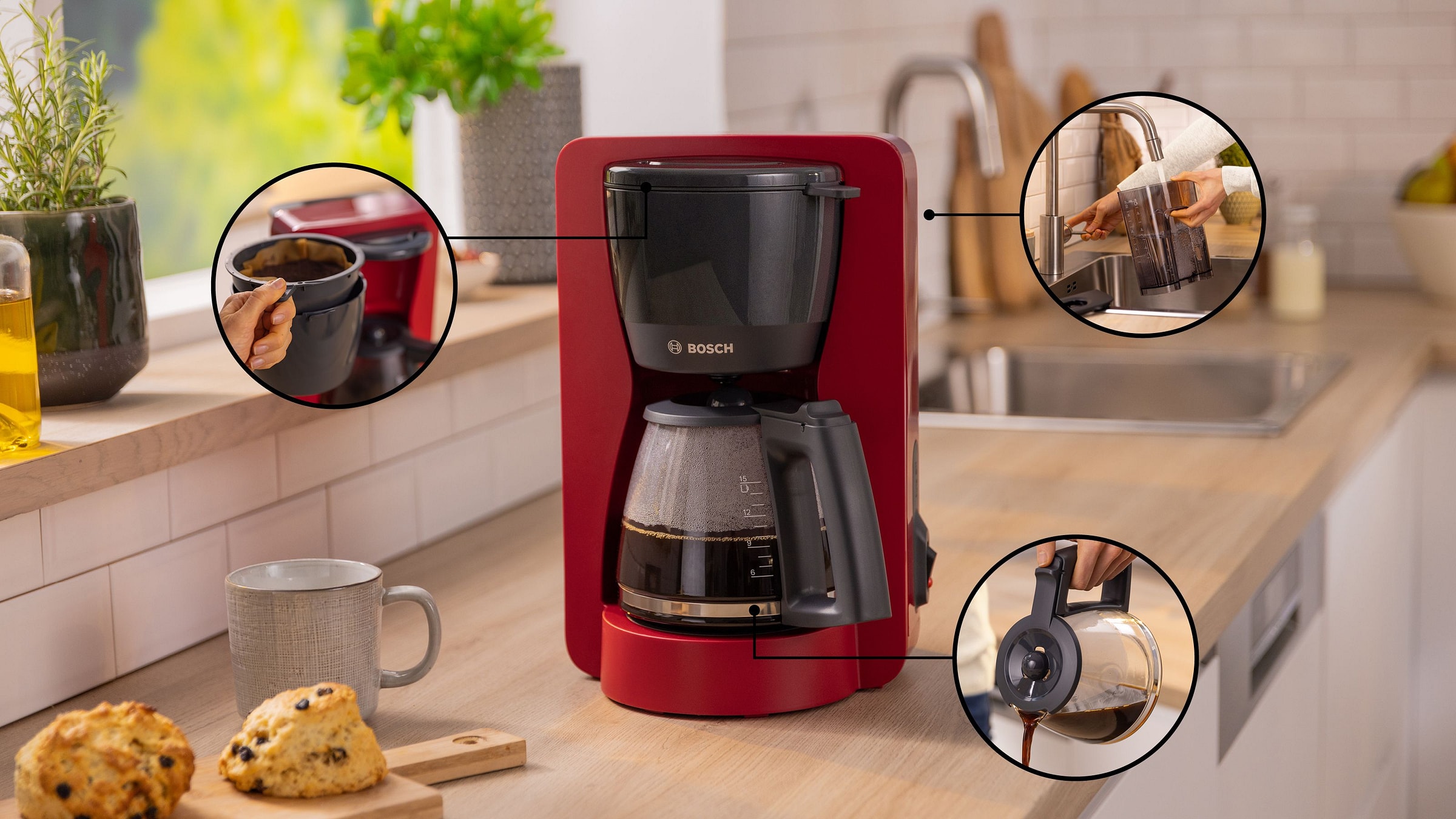 Cafetière BOSCH 10-15 tasses Réservoir amovible Rouge - TKA2M114