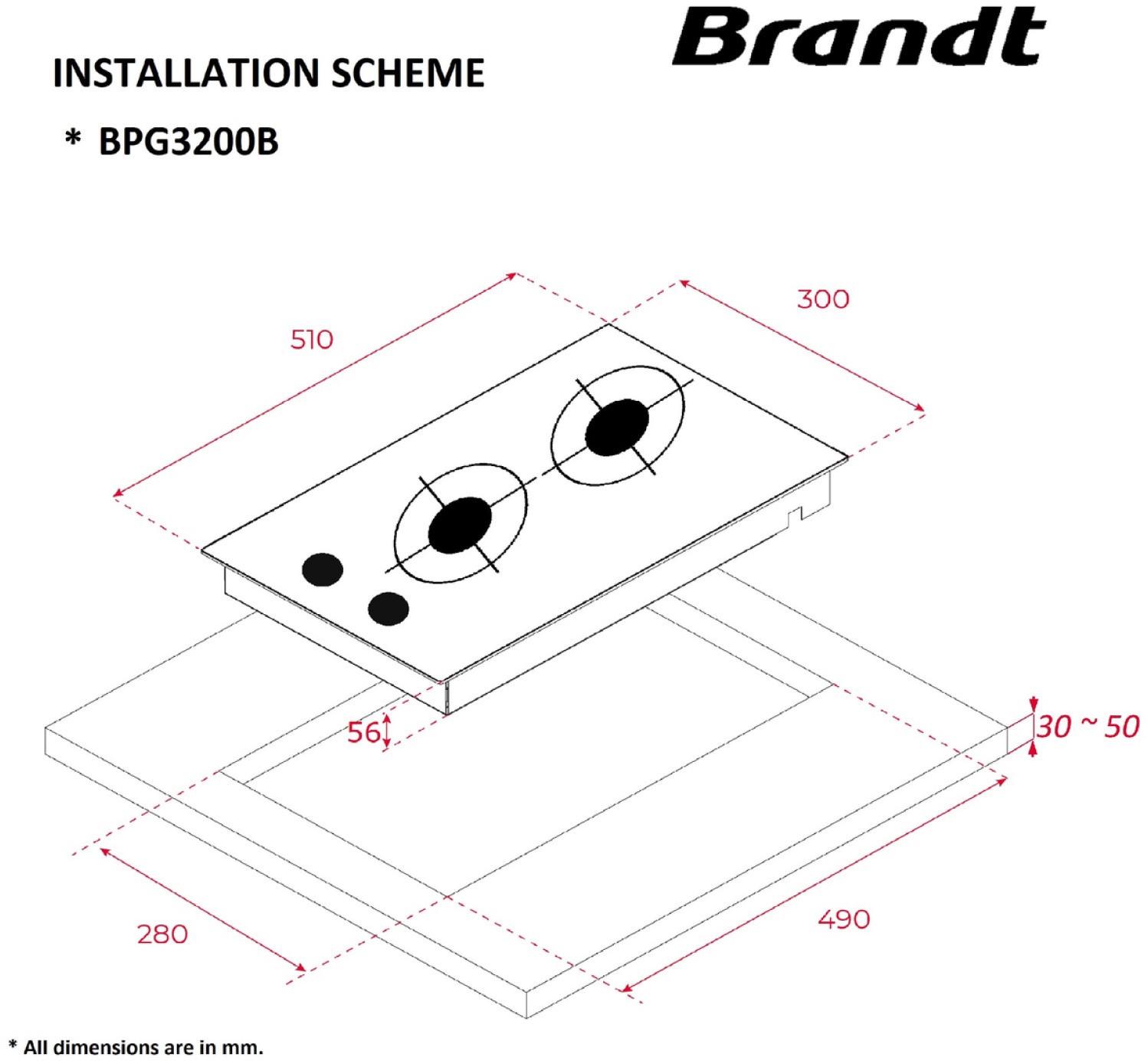 Domino gaz BRANDT 2 foyers 30 cm 3000W Noir - BPG3200B