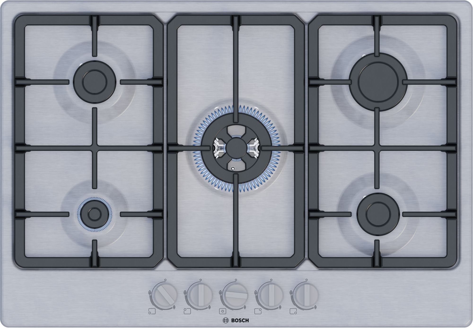 Plaque gaz BOSCH 5 Foyers, 10800W, 75cm, Gris PGQ7B5K90