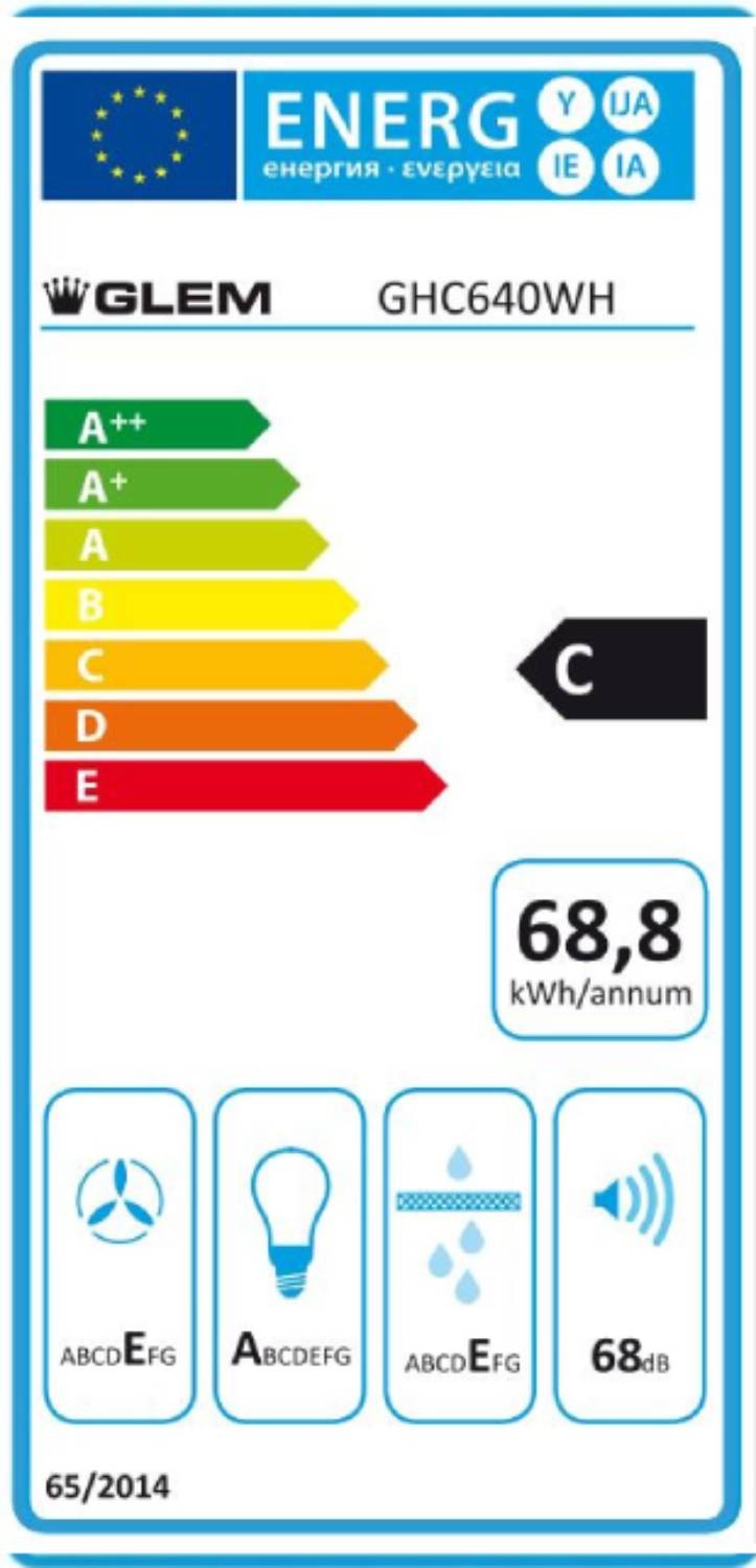 Hotte casquette GLEM , 3 vitesses, 68dB, 60cm, Blanc - GHC640WH