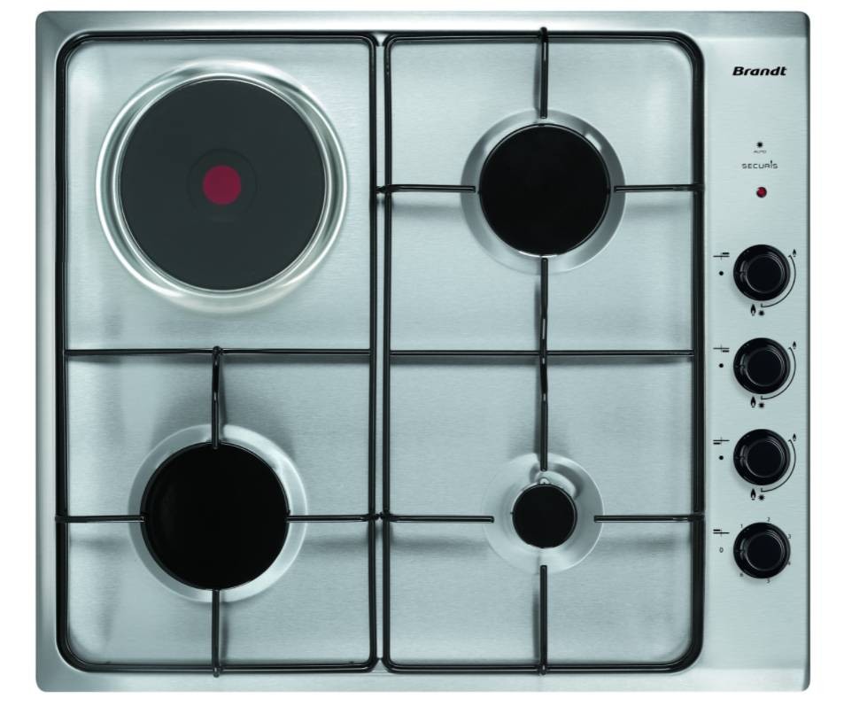Plaque mixte BRANDT 3 foyers gaz + 1 électrique 60cm Inox BPE6411XM