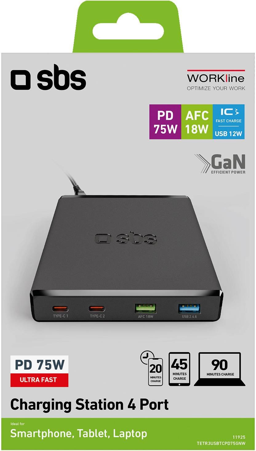 SBS Batterie externe Station de charge GaN 4 ports - charge ultra-rapide avec 2 ports USB-A et 2 ports USB-C - STATCHGE-2USBC-2USBA