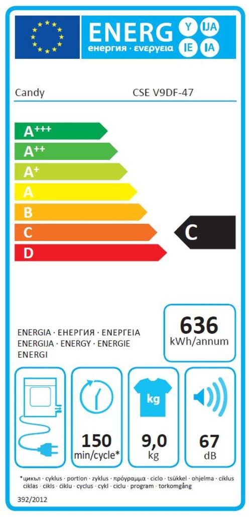 Sèche linge Evacuation CANDY 9kg 67db Blanc - CSEV9DF-S Sèche linge Evacuation CANDY 9kg 67db Blanc - CSEV9DF-S