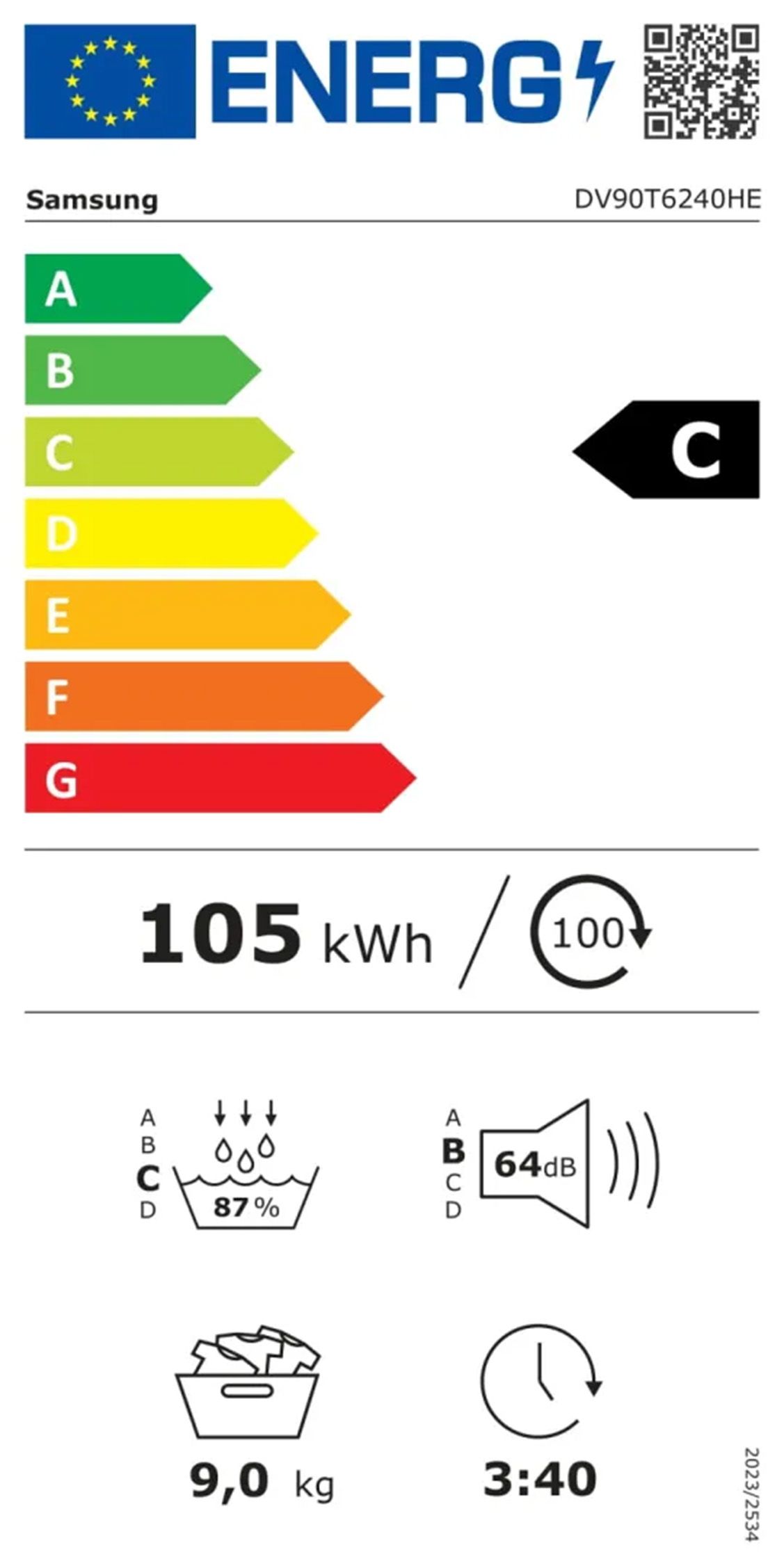 Sèche linge Condensation SAMSUNG QuickDry 65dB 9kg Blanc - DV90T6240HES3