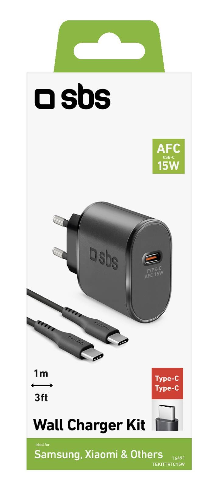 SBS Chargeur secteur Kit avec chargeur secteur 15W et câble USB-C - USB-C - CHARG+CABL-USBC-USBC