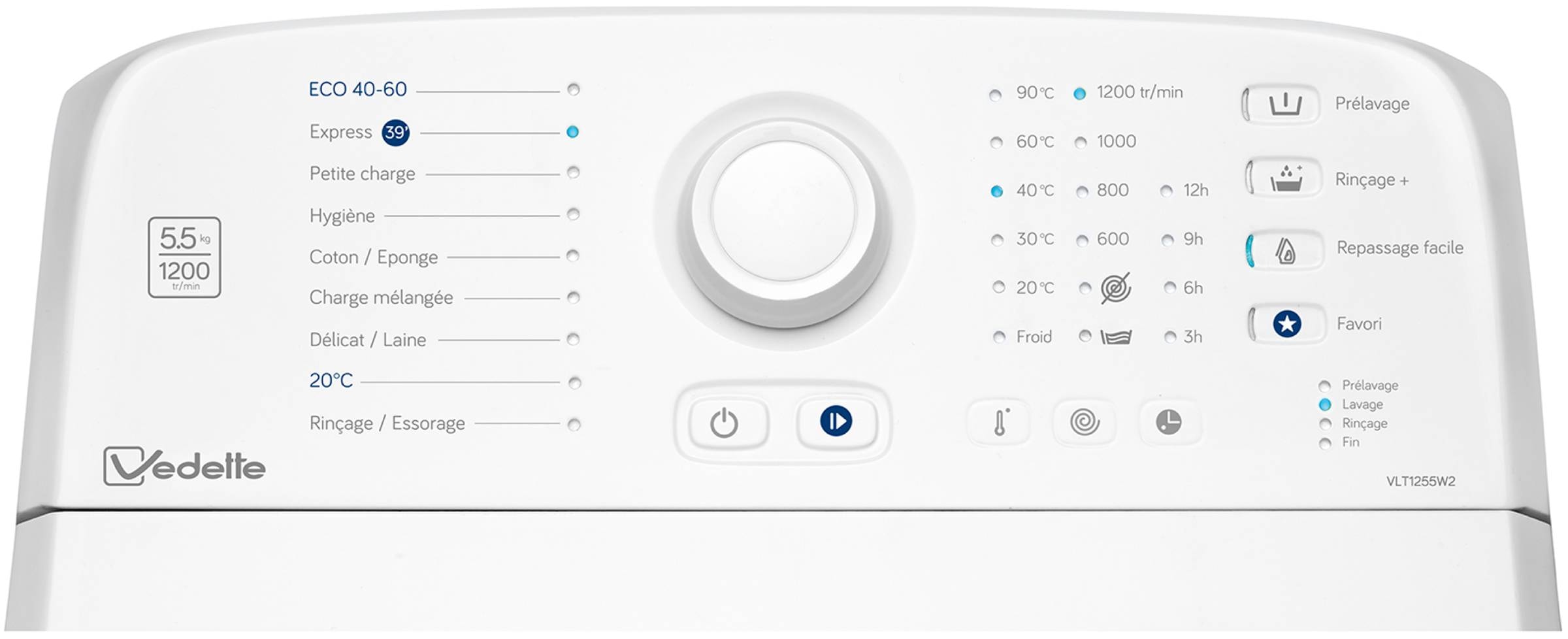 Lave linge Top VEDETTE , 1200 trs/min, 5.5 kg, Blanc - VLT1255W2