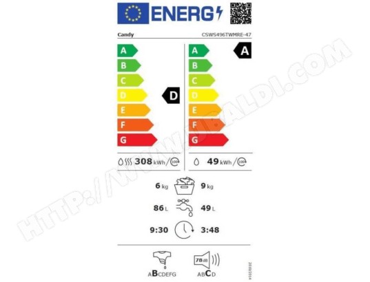 Lave linge sechant Frontal CANDY Fonction vapeur 1400 trs/mn 9kg - CSWS496TWMRE-47