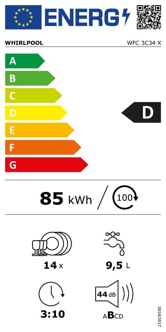 Lave vaisselle 60 cm WHIRLPOOL 6ème sens 8 programmes 44 dB 14 couverts  - WFC3C34X