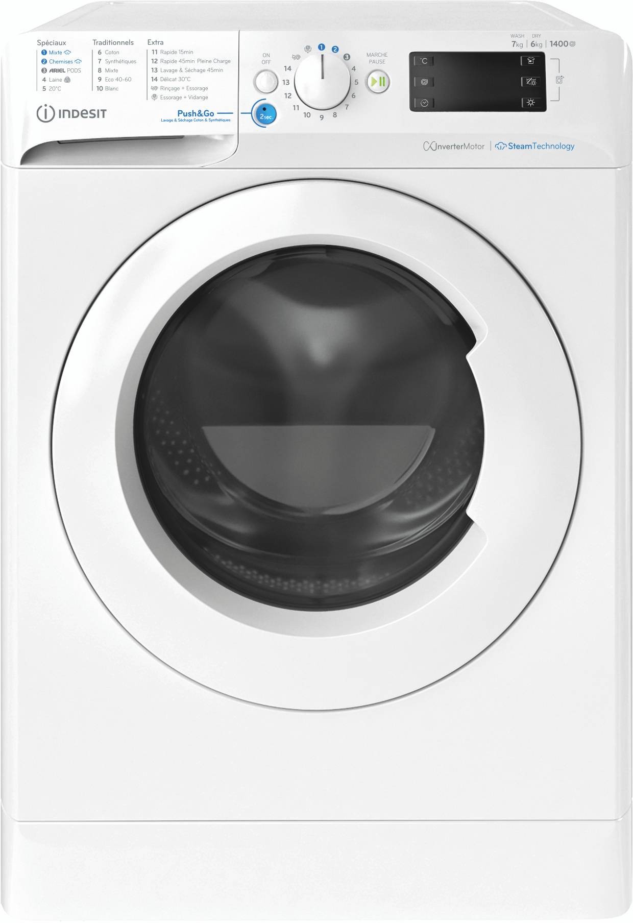 Lave linge sechant Frontal INDESIT ,1400 trs/mn, 7/6kg, Blanc BDE76435WVFR